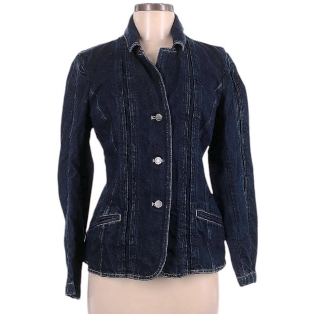 J. Jill Denim Blue Blazer Size 6 Three Button Notched Lapel Fitted Jean Jacket